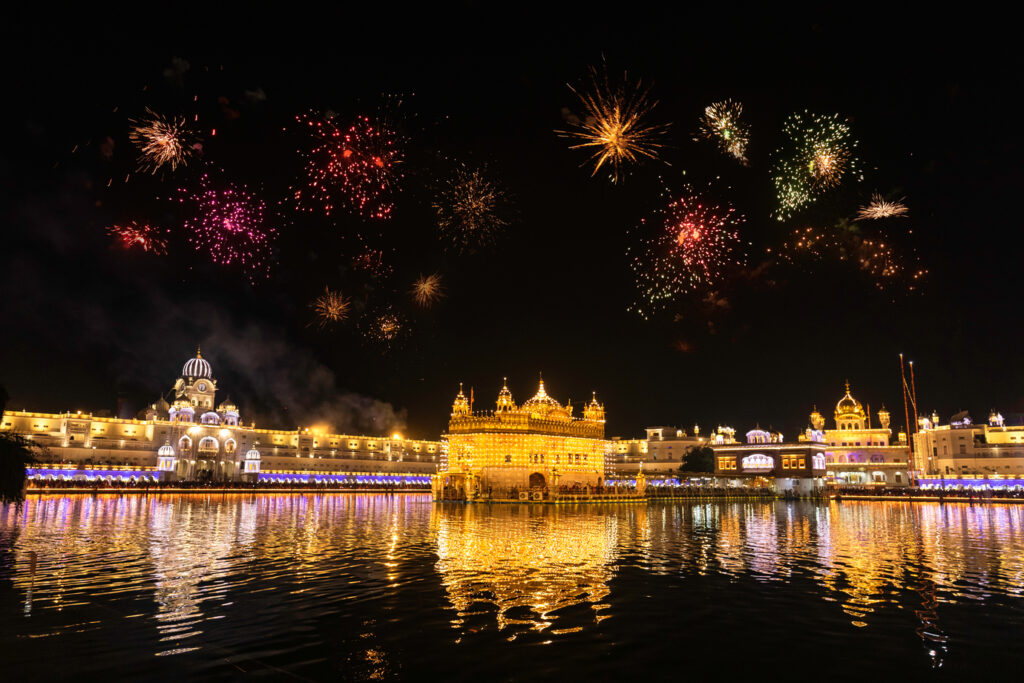 diwali fireworks in front of the golden temple