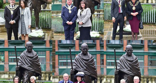 six separate images of people, including the mayor, stood in front of the 150th birthday gandhi statue in front of manchester cathedral