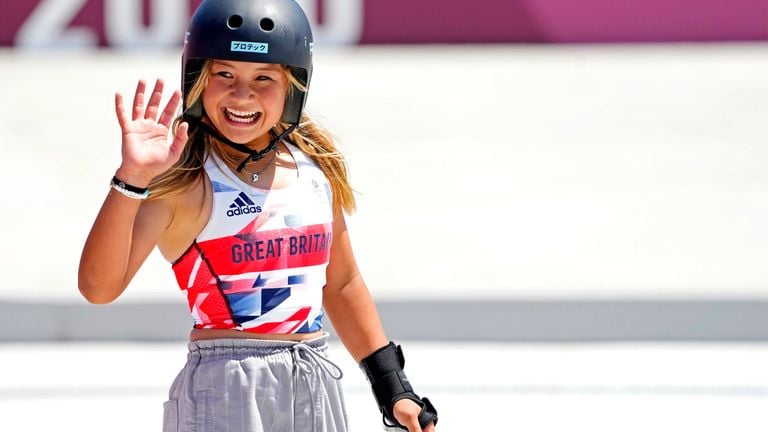 sky brown at the skatepark, wearing a team GB shirt